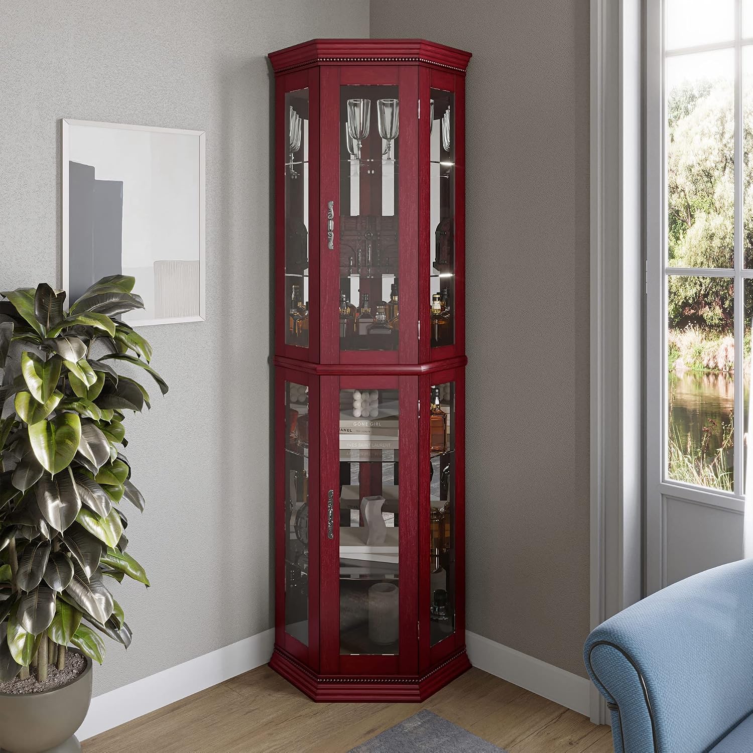 BELLEZE Lighted Wooden Corner Display Curio Cabinet, Two Section Shelving Unit with Tempered Glass Door