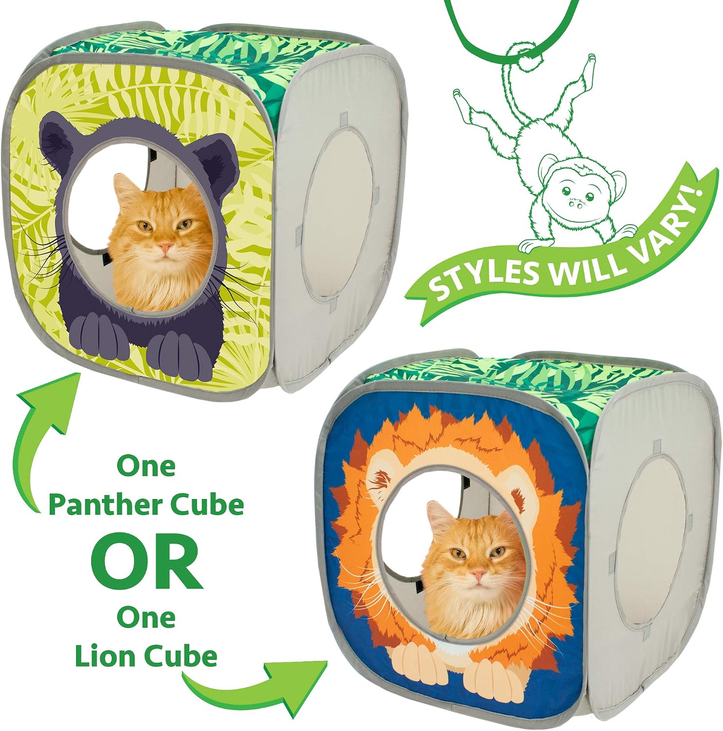 Kitty City Safari Jungle Pop-Up Cat Cube, Collapsible Indoor Cat Hideout & Play Cube with Peekaboo Openings, Easy Storage, 15” x 15” x 15”