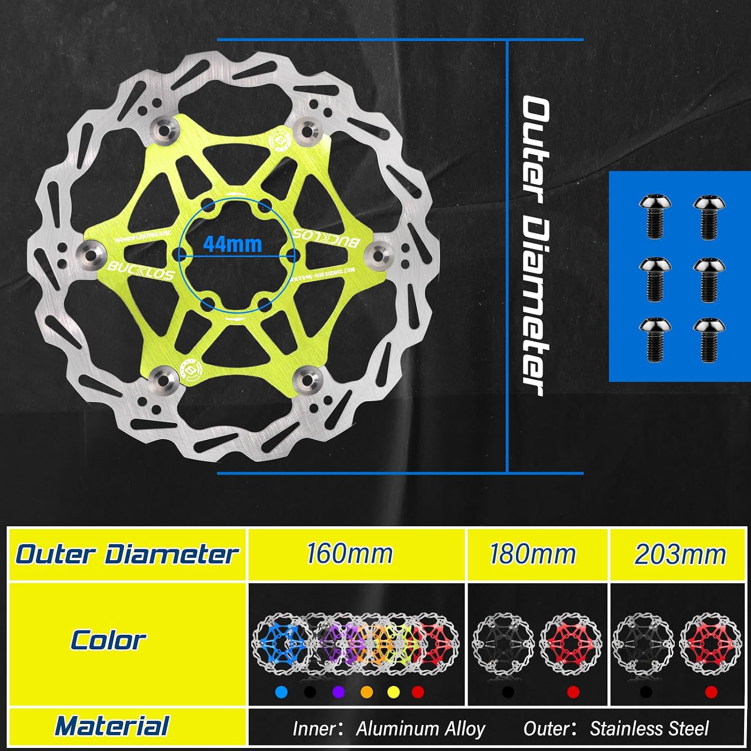 BUCKLOS 160mm 180mm 203mm Floating Disc Brake Rotor, Stainless Steel MTB Brakes Rotors with 6PC Bolts