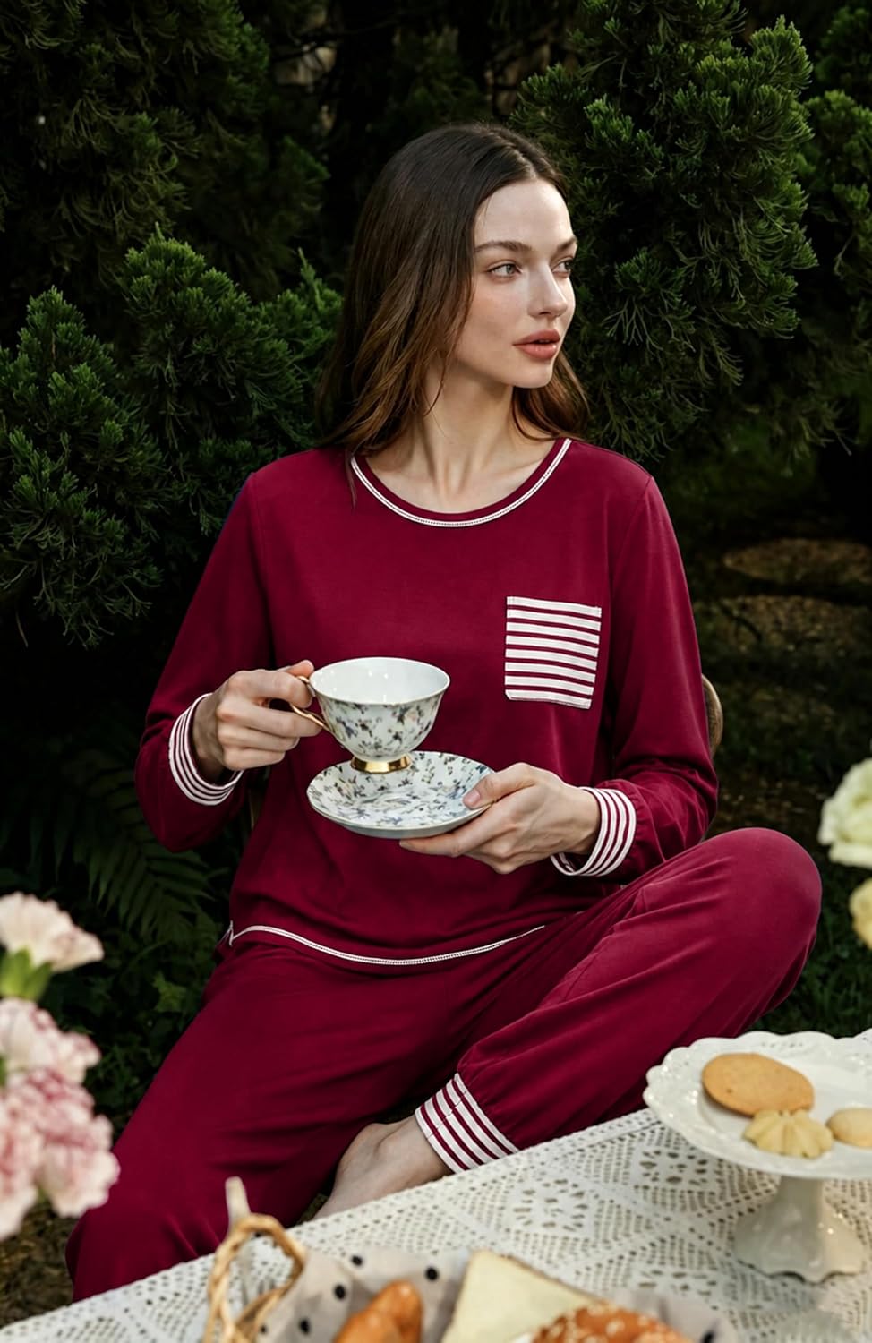 SWOMOG Women’s Pajamas Set Long Sleeve Sleepwear with Long Pants Soft Modal Loungewear Pj Set