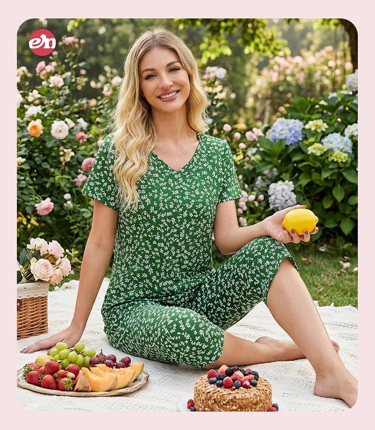 ENJOYNIGHT Womens Pajama Set Cotton Short Sleeve Top With Capri Pants Pj