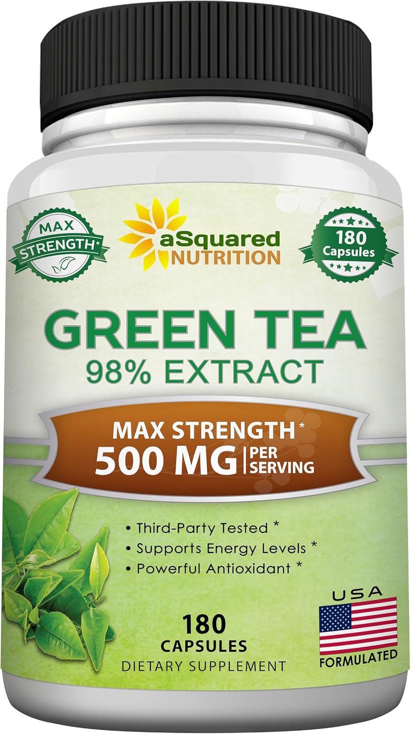 aSquared Nutrition Green Tea Extract with EGCG – 180 Capsules – 500mg per Capsule – 75% Polyphenols, 45% EGCG – Antioxidant Support