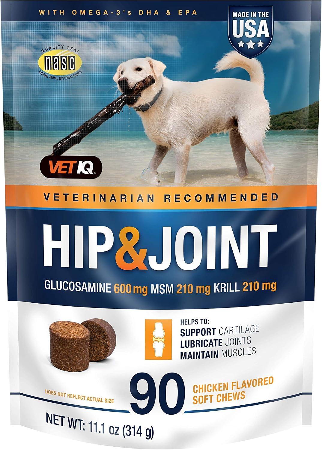 VetIQ Hip & Joint Supplement for Dogs, Chicken Flavored Soft Chews, 90 Count