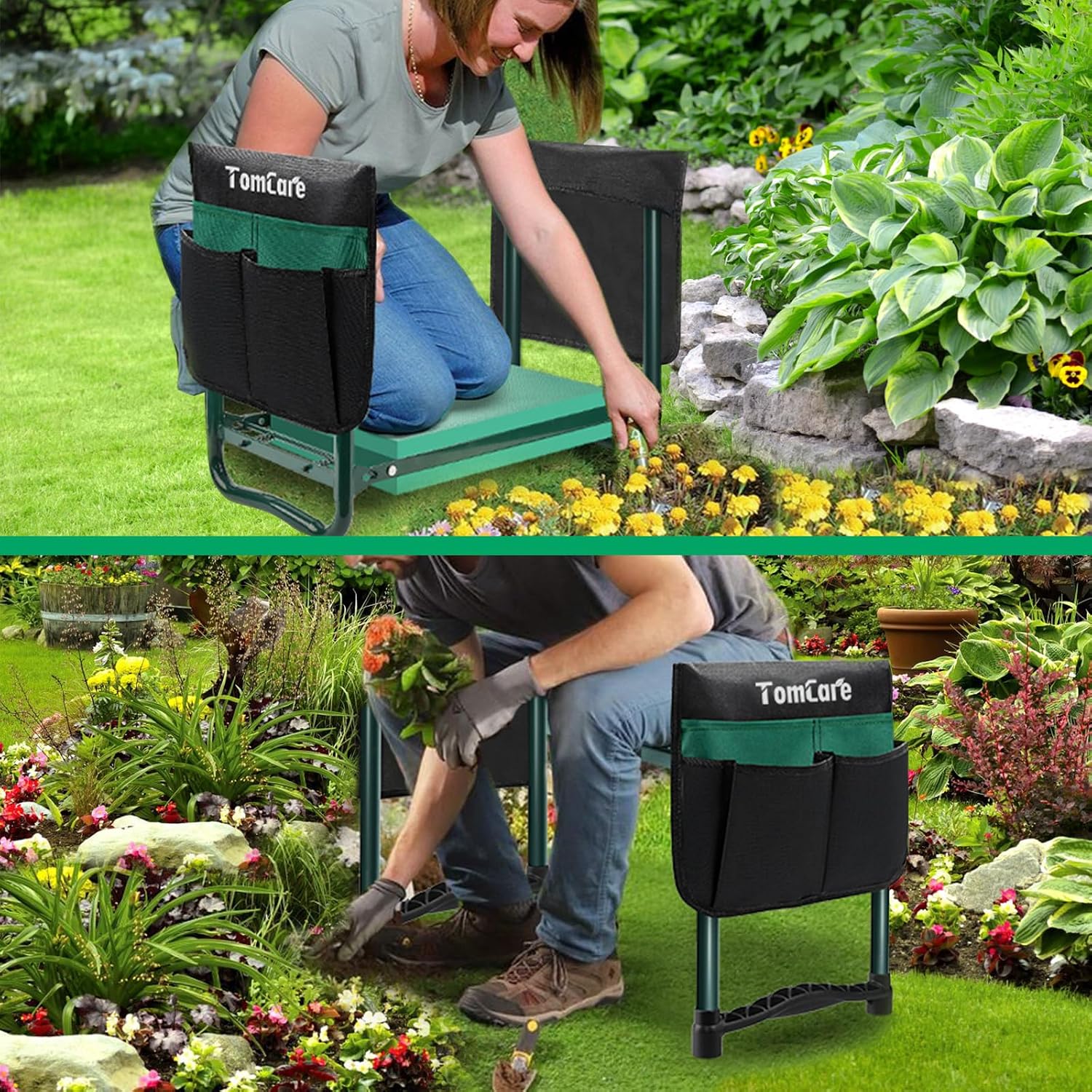 TomCare Garden Kneeler and Seat, 11.12" Kneeling Pad Sturdy Garden Bench | Heavy Duty Garden Stool, 450 lbs Load Capacity, 2 Tool Pouches, Foldable Design, Gardening Gift for Women, Men and Gardeners