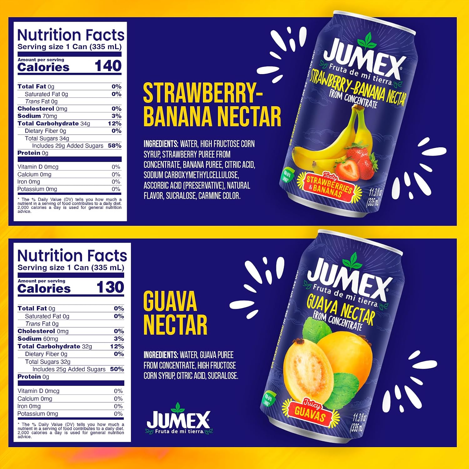 Jumex Mango Nectar Juice & Peach Nectar - Made with Fresh Fruit Puree - Tropical Fruit Juice Concentrate for Smoothie Mix, Cocktail Mixers & Kids Beverages - 11.3oz, 12 Pack Canned Drinks