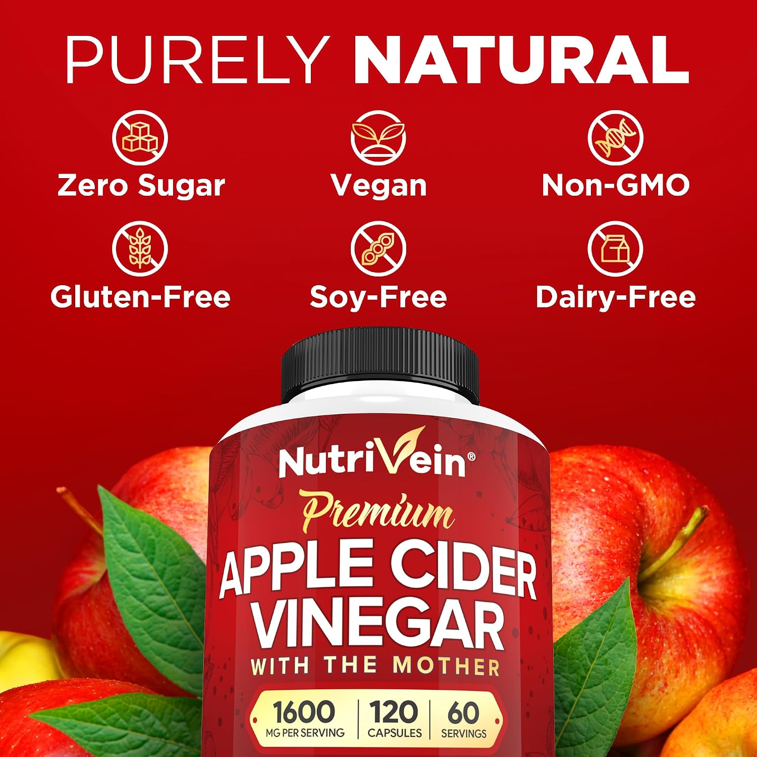 Nutrivein Apple Cider Vinegar Supplement with Mother 1600 mg - 120 Capsules | Unfiltered ACV pills for men and women. Supports digestion