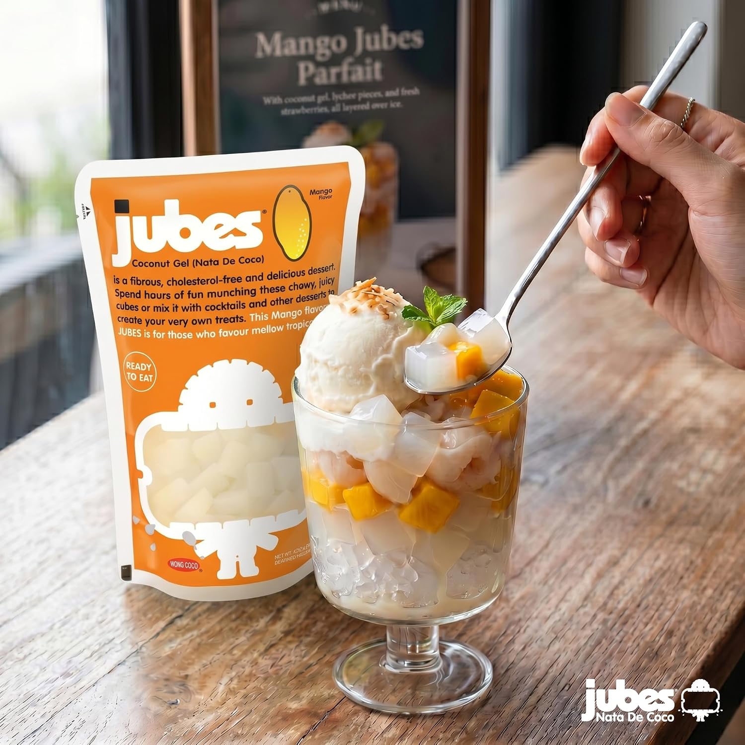 Jubes Pandan Nata De Coco Jelly Cubes (12.7 oz, Pack of 3) - Pandan Coconut Jelly Cubes for Sago - Coconut Gel in Syrup Toppings for Fruit Tea, Boba, Bubble Tea, Drinks, Desserts Yogurt, Ice Cream, Beverage