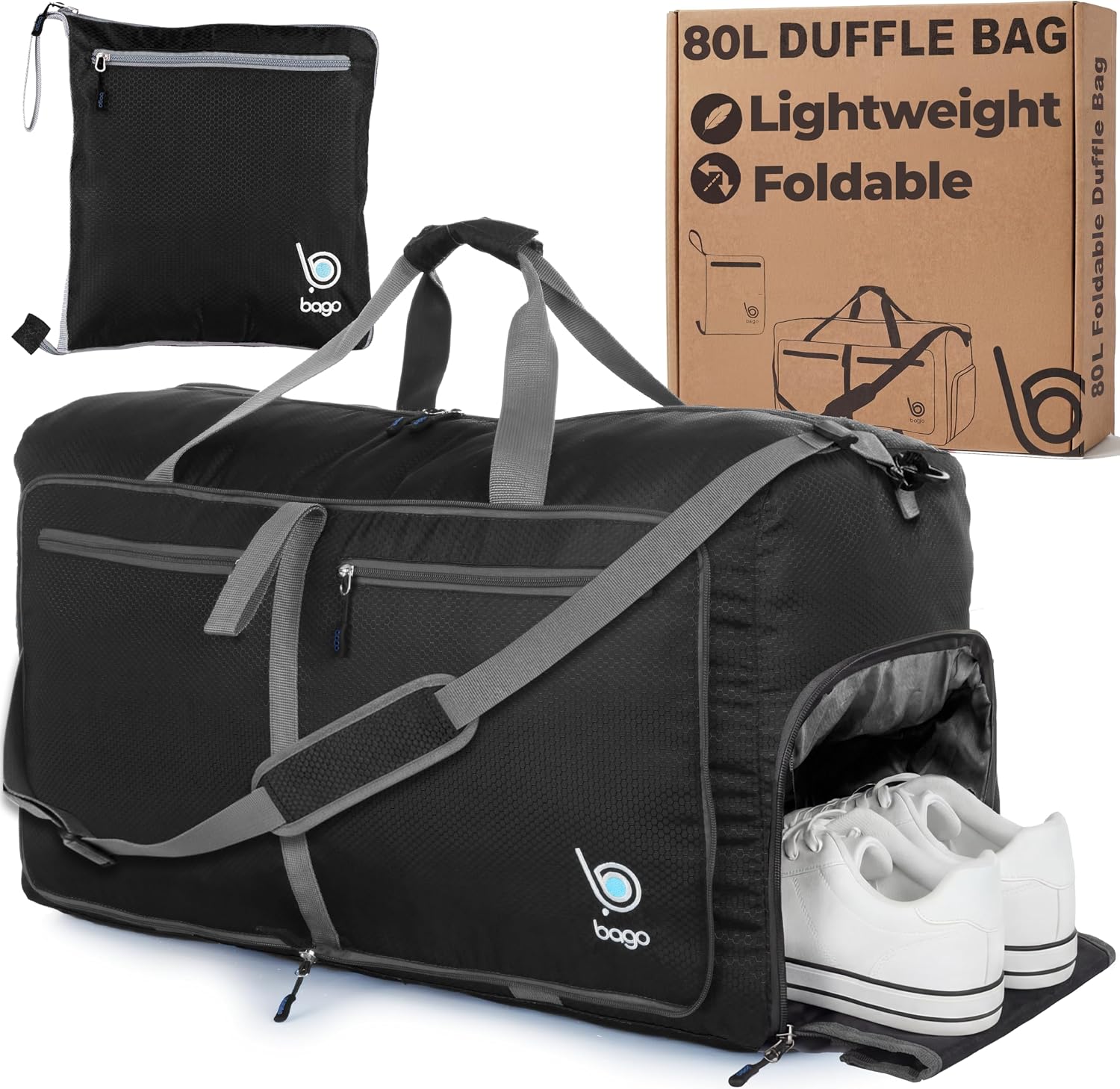 Bago Large Duffle Bag for Travel Women & Men. Durable Lightweight Foldable Travel Duffel Bags For Traveling Women. 80L Duffle Bags For Overnight Bag With Shoe Compartment Collapsible Weekender duffel