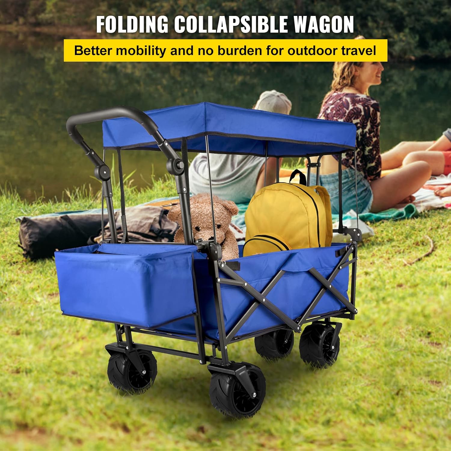 Happbuy Collapsible Wagon with Removable Canopy, 220lbs Heavy Duty Foldable Beach Wagon with Big Wheels