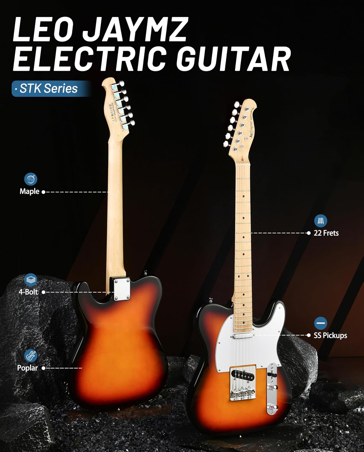 Leo Jaymz Beginner Electric Guitar Complete Kit with Portable Amp, Padded Gig Bag & Full Accessories, Maple Neck (TL-White)