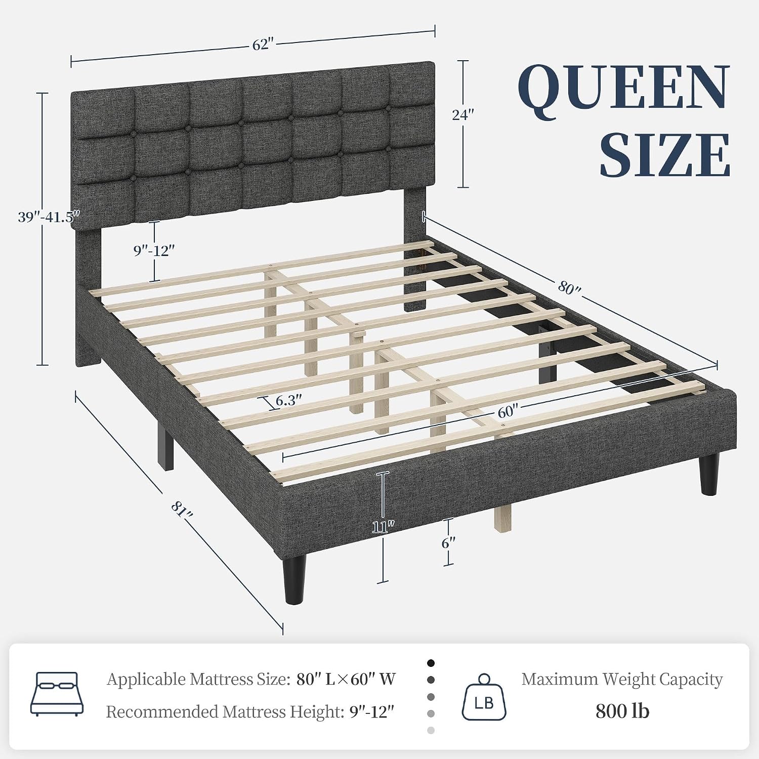 Yaheetech Full Size Upholstered Tufted Bed Frame with Headboard, Dark Gray | Sturdy engineered wood frame with linen fabric upholstery features a soft tufted headboard for easy assembly and support