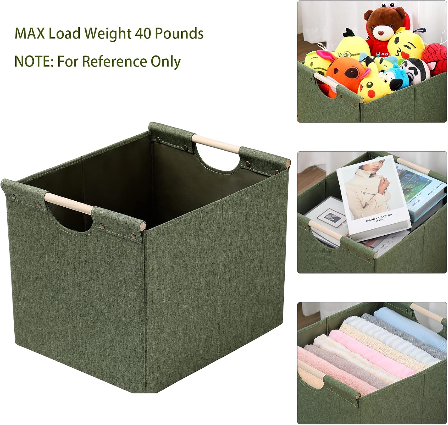 HOONEX Large Collapsible Storage Bins, Linen Fabric, 2 Pack, Storage Baskets with Wooden Carry Handles and Sturdy Heavy Cardboard, for Home, Office