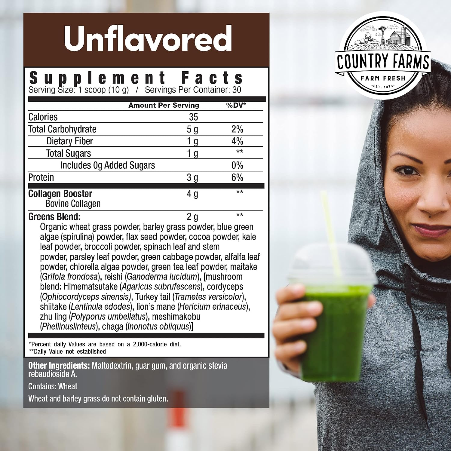 Country Farms Collagen Peptides Powder with Greens Dietary Powder Supplement (Type I, III) for Skin Hair Nail and Joints, Dairy/Sugar Free, Energizing Superfoods, Natural, 10.6 Oz 30 Servings