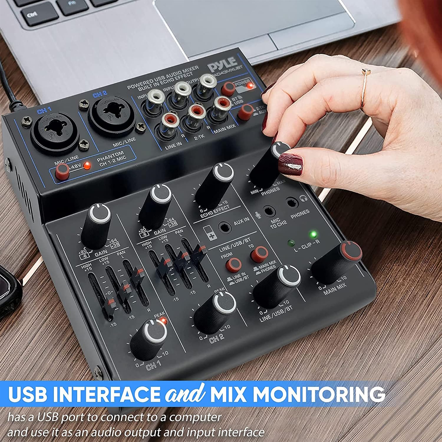 Pyle Professional Wireless DJ Audio Mixer - 4 Channel Bluetooth Controller Sound Mixer, USB Audio Interface