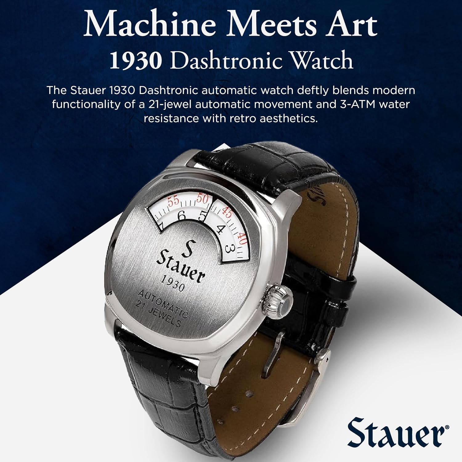 Stauer 1930 Dashtronic Watch Cotswold Genuine Men's Automatic Watch with Leather Band and Stainless Steel Case 21-Jewel Movement and 3-ATM Water Resistant