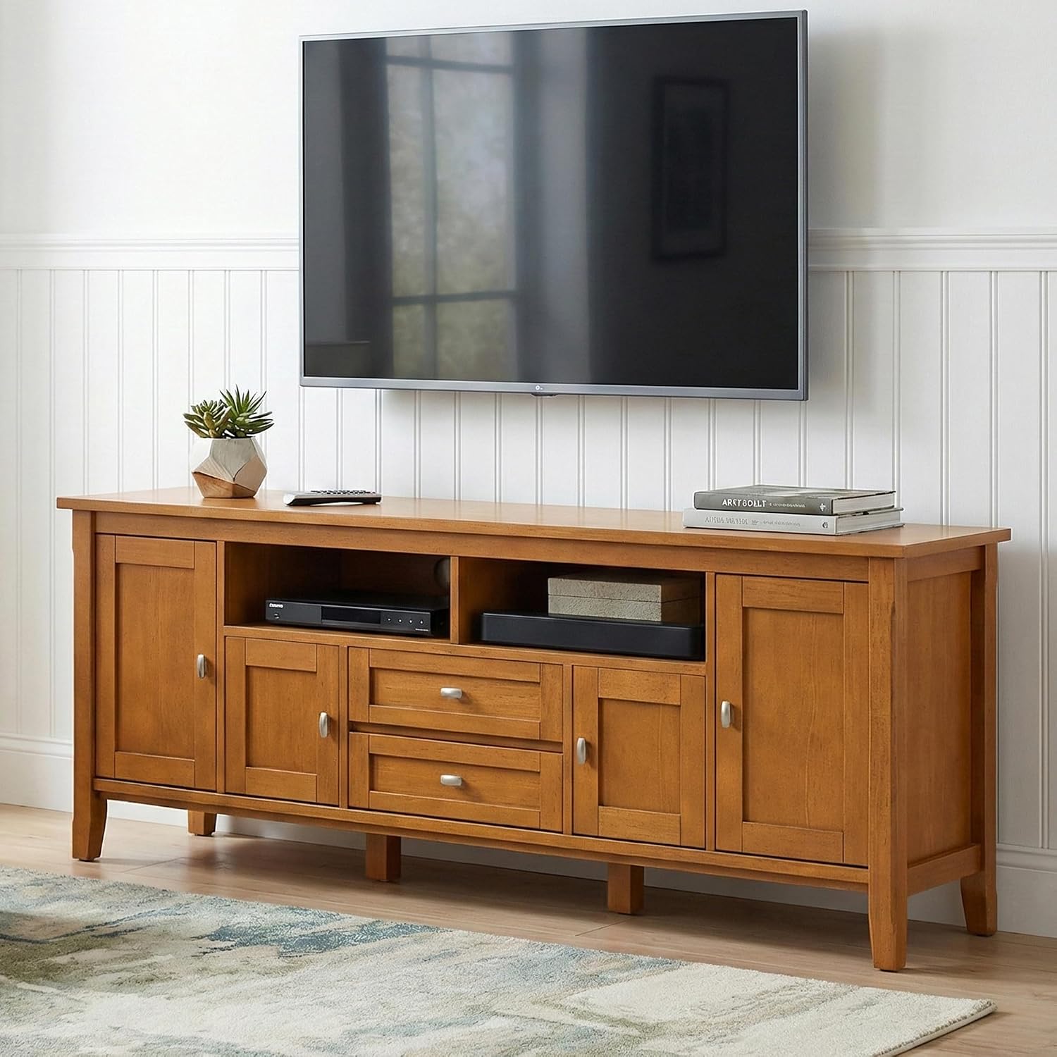 SIMPLIHOME Warm Shaker 47" Wide Solid Wood TV Stand in Light Golden Brown