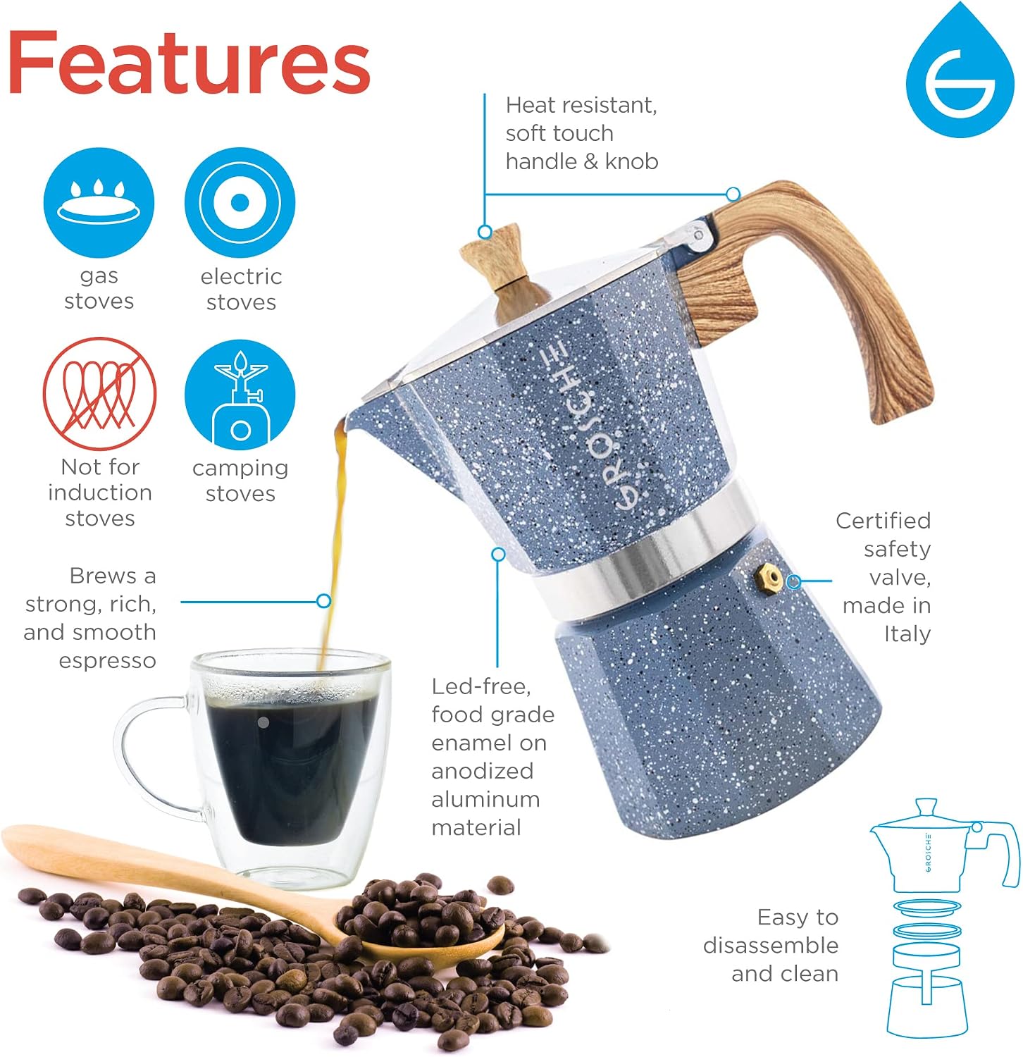 GROSCHE Milano Moka Pot | 9 Espresso Cup - 15.2 oz | Stovetop Espresso Percolator & Coffee Maker – Portable, Ideal for Home and Camping | Cuban Coffee Maker And Italian Moka Pot For Stovetop Espresso; For Gas, Electric, And Propane Stoves With A Soft-Tou…