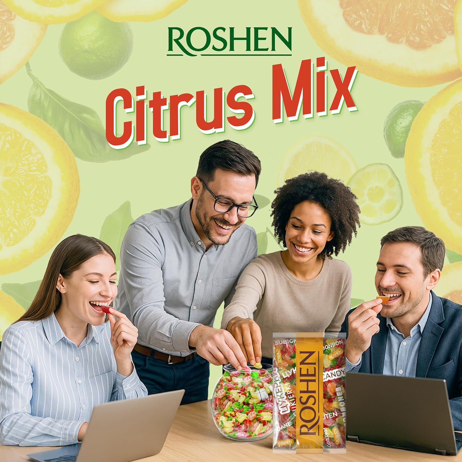 Roshen Citrus Mix Hard Candy – Assorted Fruit Flavors, Individually Wrapped, Bulk 2.2 lbs (1 kg) – Approx. 144 Pieces – Orange