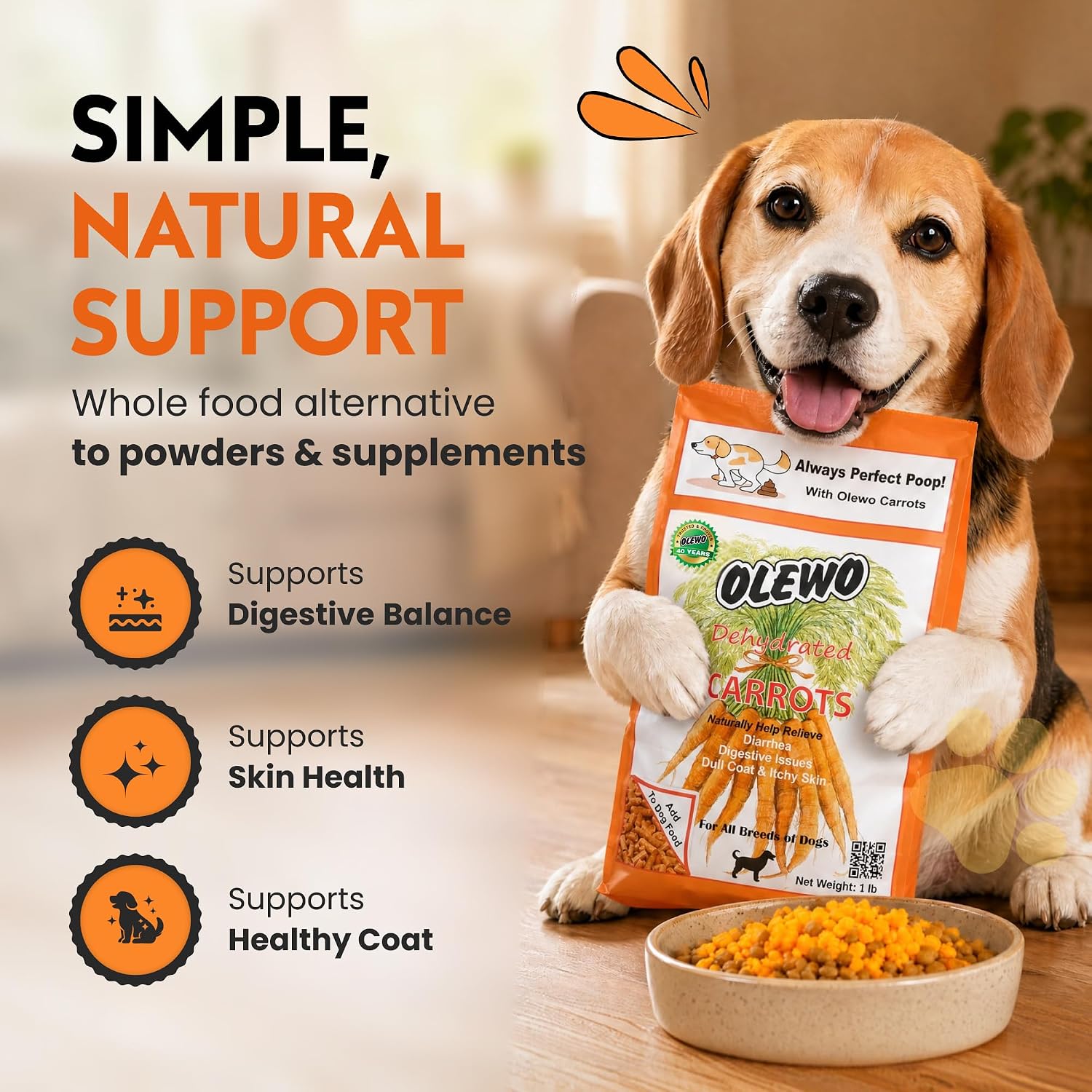 Olewo Carrots Dog Food Topper for Digestive Support & Firm Stools, 1 lb | Real-food digestive support. Whole-food alternative to powders, blends & synthetic supplements. Made in Germany.