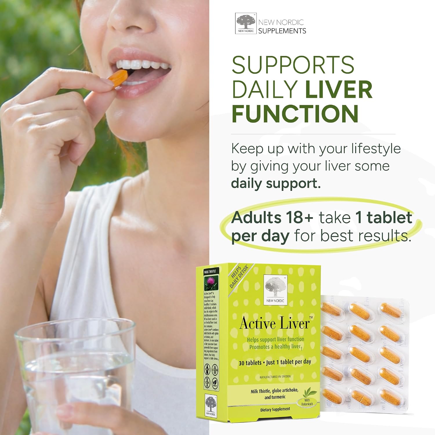 NEW NORDIC Active Liver Daily Support Supplement 30-Day Supply - 30 Tablets | Includes a supply of daily liver supplements, featuring a botanical blend of milk thistle and artichoke in a tablet format