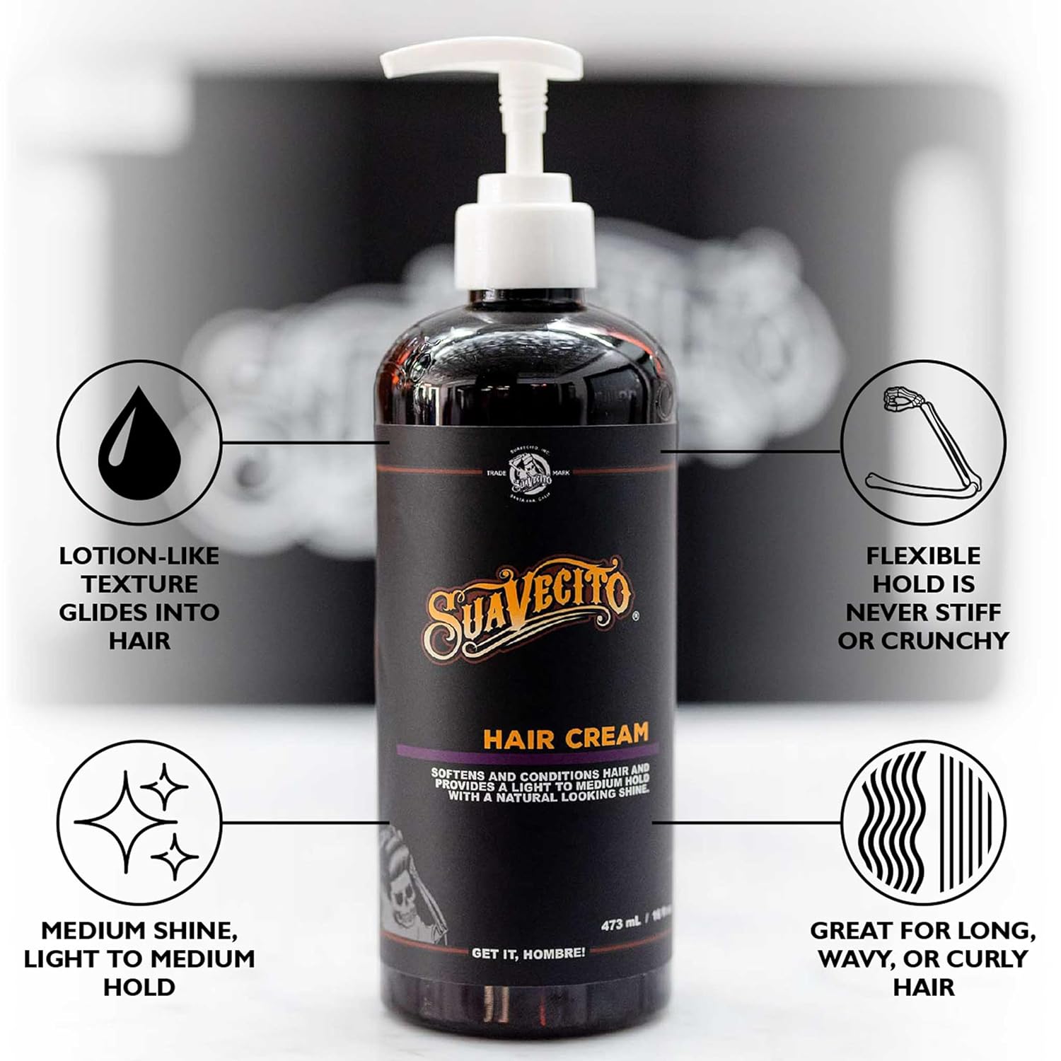 Suavecito Hair Cream for Men - Pump Bottle, Light Hold, Natural Shine, Water Based, Tames Frizz, Great for Curly Hair