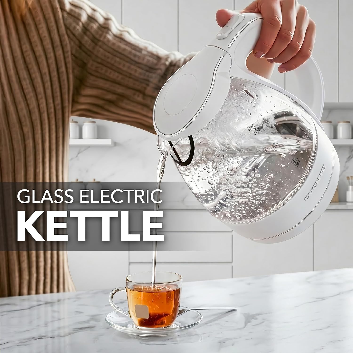 OVENTE 1.5L Glass Electric Kettle Water Boiler, Black KG83B | 1100W Fast Boiling, Borosilicate Glass, BPA-Free, Blue LED, Auto Shut-Off, Boil-Dry Protection, Removable Filter, 360° Base