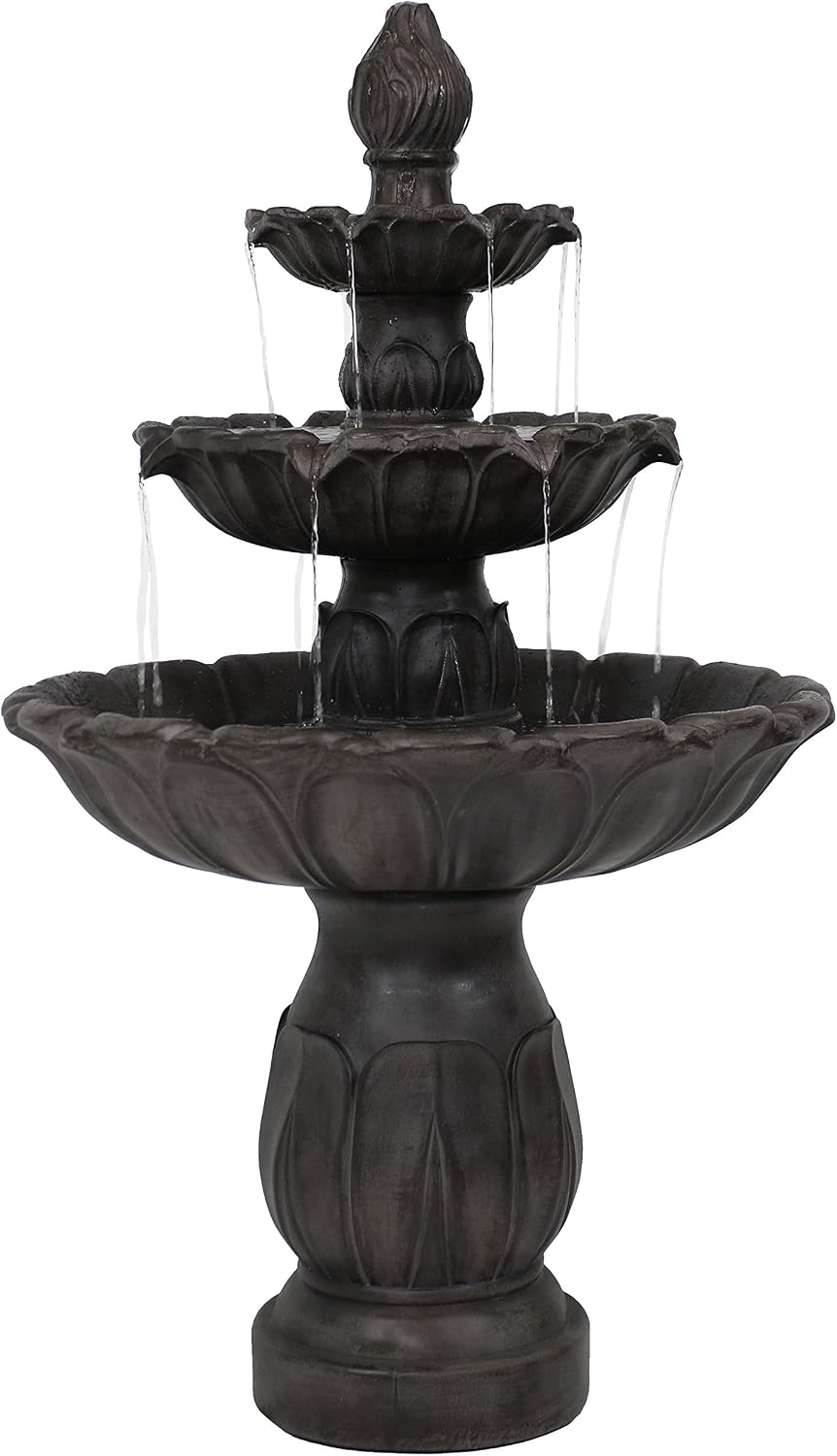 Sunnydaze Classic Tulip 46 in. 3-Tiered Outdoor Water Fountain - Dark Brown | Polystone Construction - 4-Gallon Water Capacity - Includes Electric