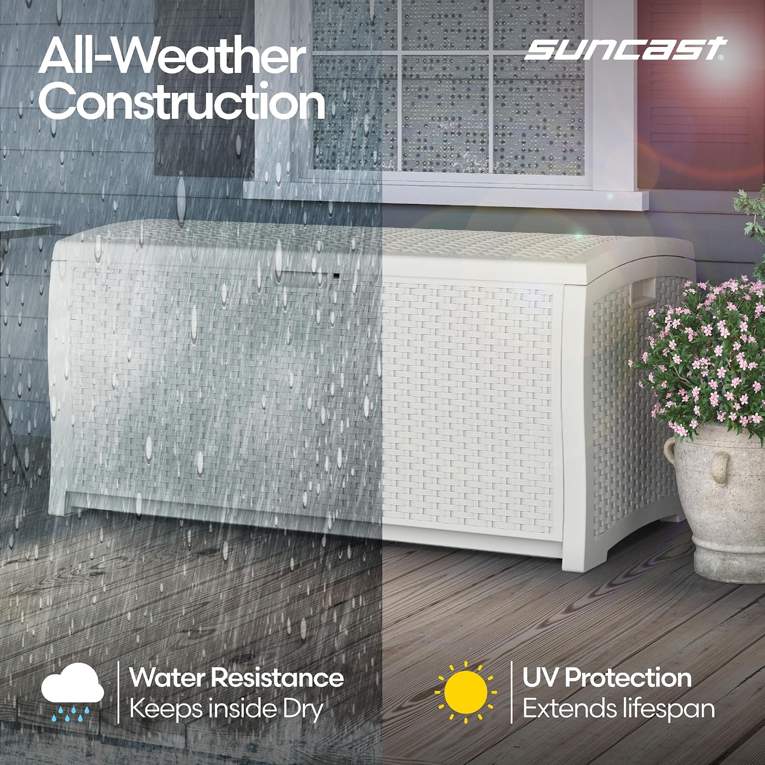 Suncast 99 Gal Wicker Resin Deck Box, Storage Chest Bin with Handles, Java