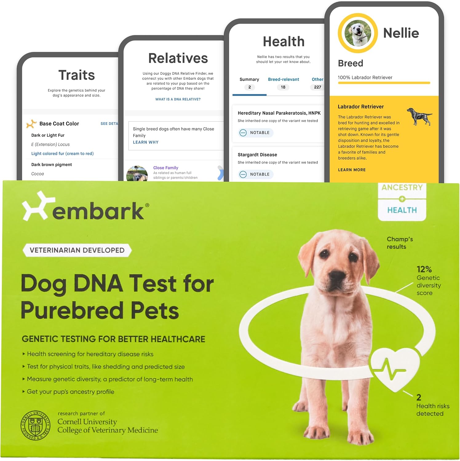 Embark Purebred Dog DNA Test - 270+ Genetic Health Conditions, 55 Physical Traits, Coefficient of Inbreeding (COI), Relatives, Breed Confirmation