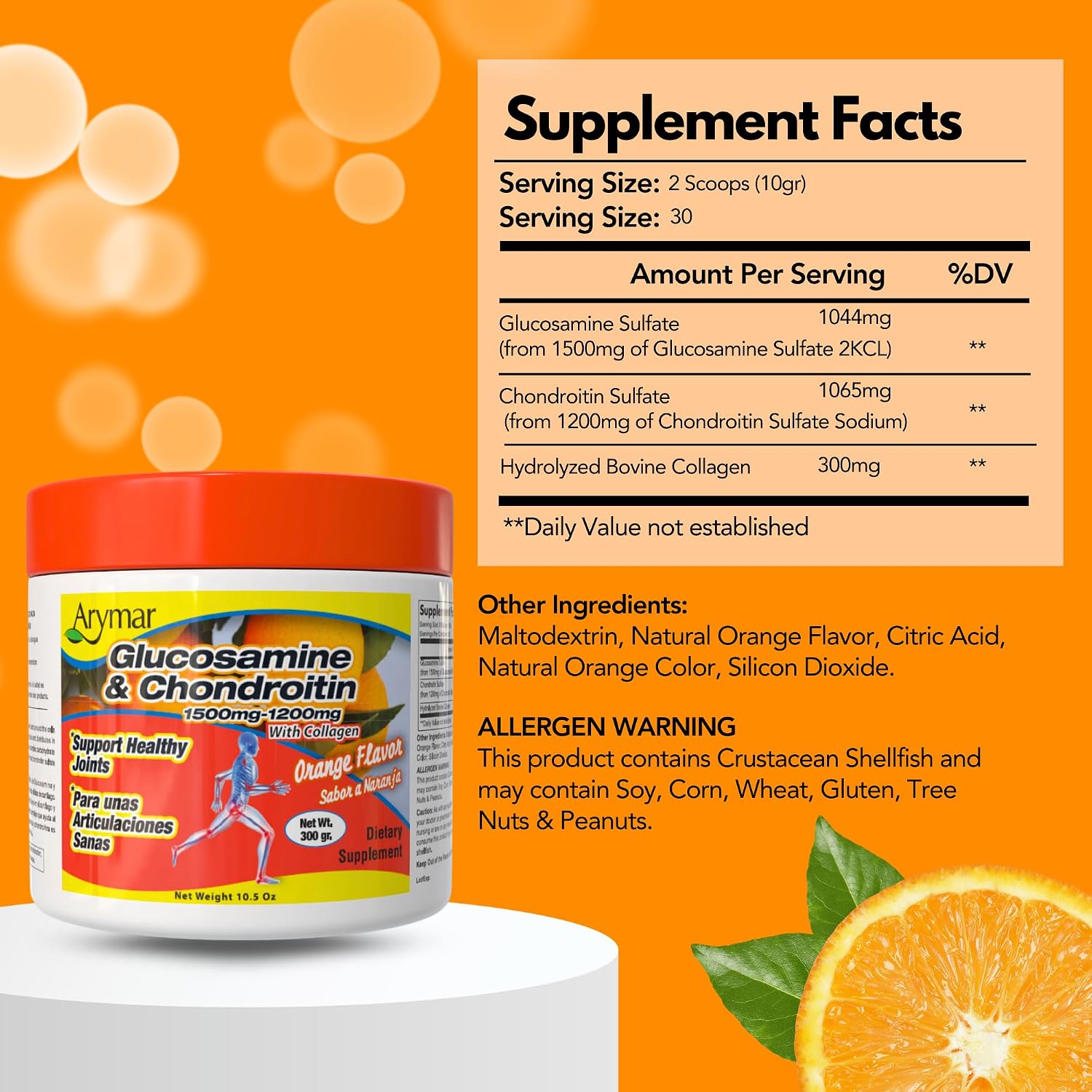 Arymar Glucosamine Chandroitin Powder (1500mg/1200mg) - Joint Health Support Supplement - Helps Maintain Mobility & Flexibility - High Absorption Formula - 300g (10.5 oz)