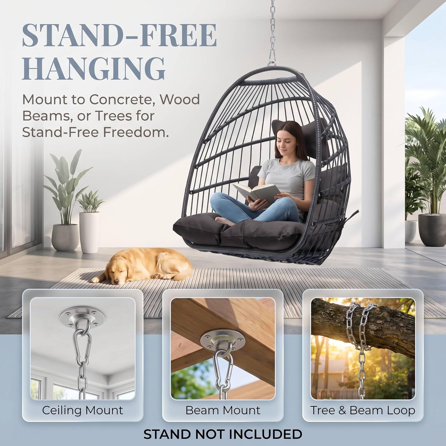 Nicesoul Foldable Space-Saving Hanging Egg Chair No Stand, 350lbs Reinforced Frame with Swing Design, Deep Seat with Thick Cushion