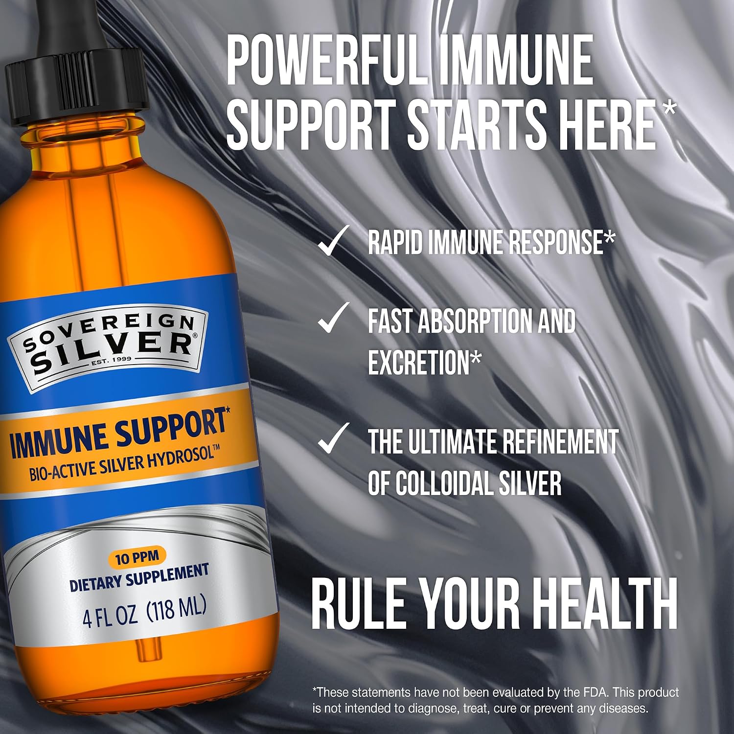 Sovereign Silver Immune Support, Colloidal Silver, 4 fl oz (118 mL) | Bio-Active Silver Hydrosol, 10 ppm, Liquid Dropper