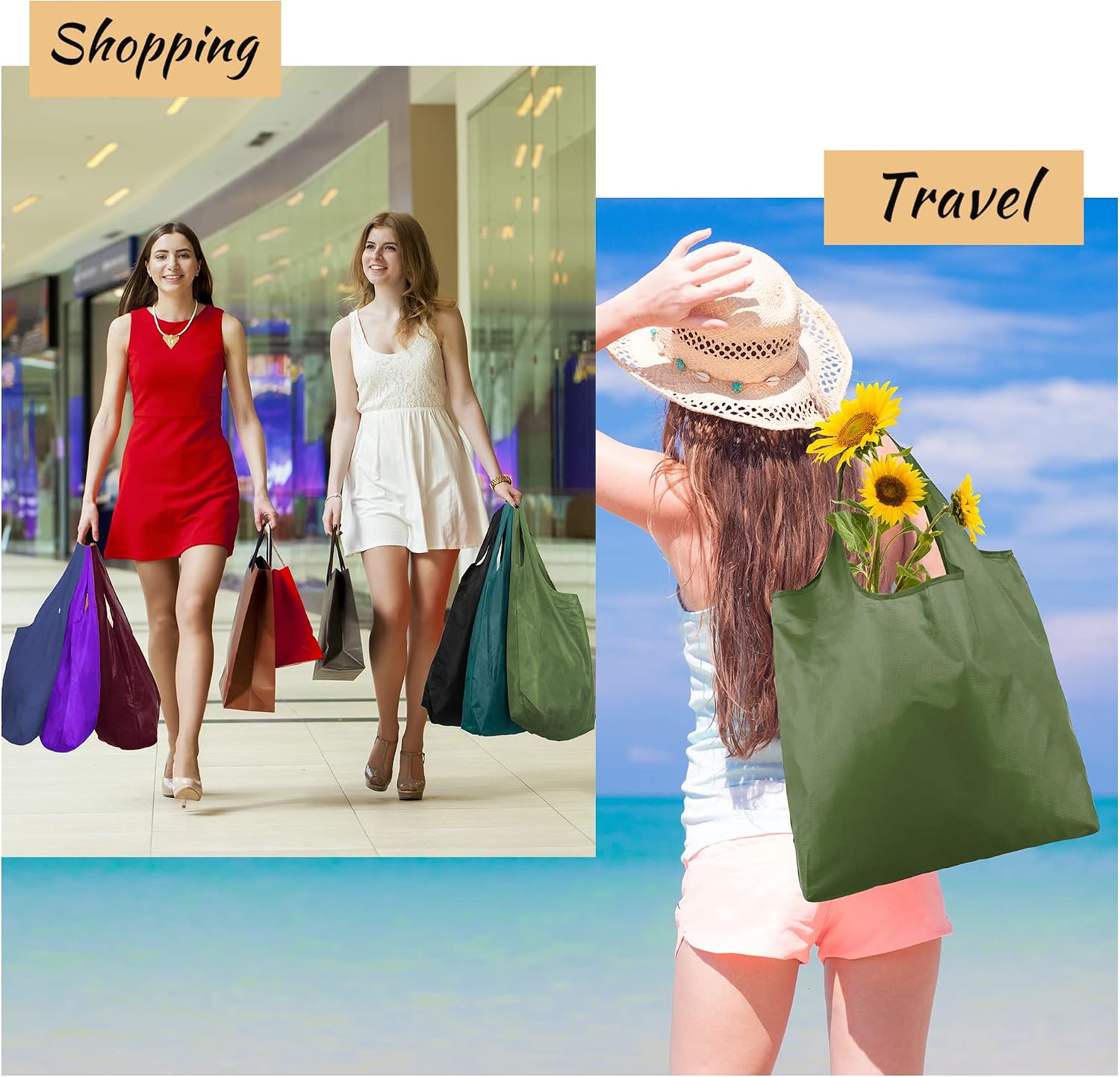 BeeGreen Grocery Bags | Reusable Gift Bags, Large Tote for Women & Foldable Beach Bag - 6 Pack Reusable Bag With Handles | Collapsible Cute Cloth Storage for Market, Holiday & Shopping | Washable​