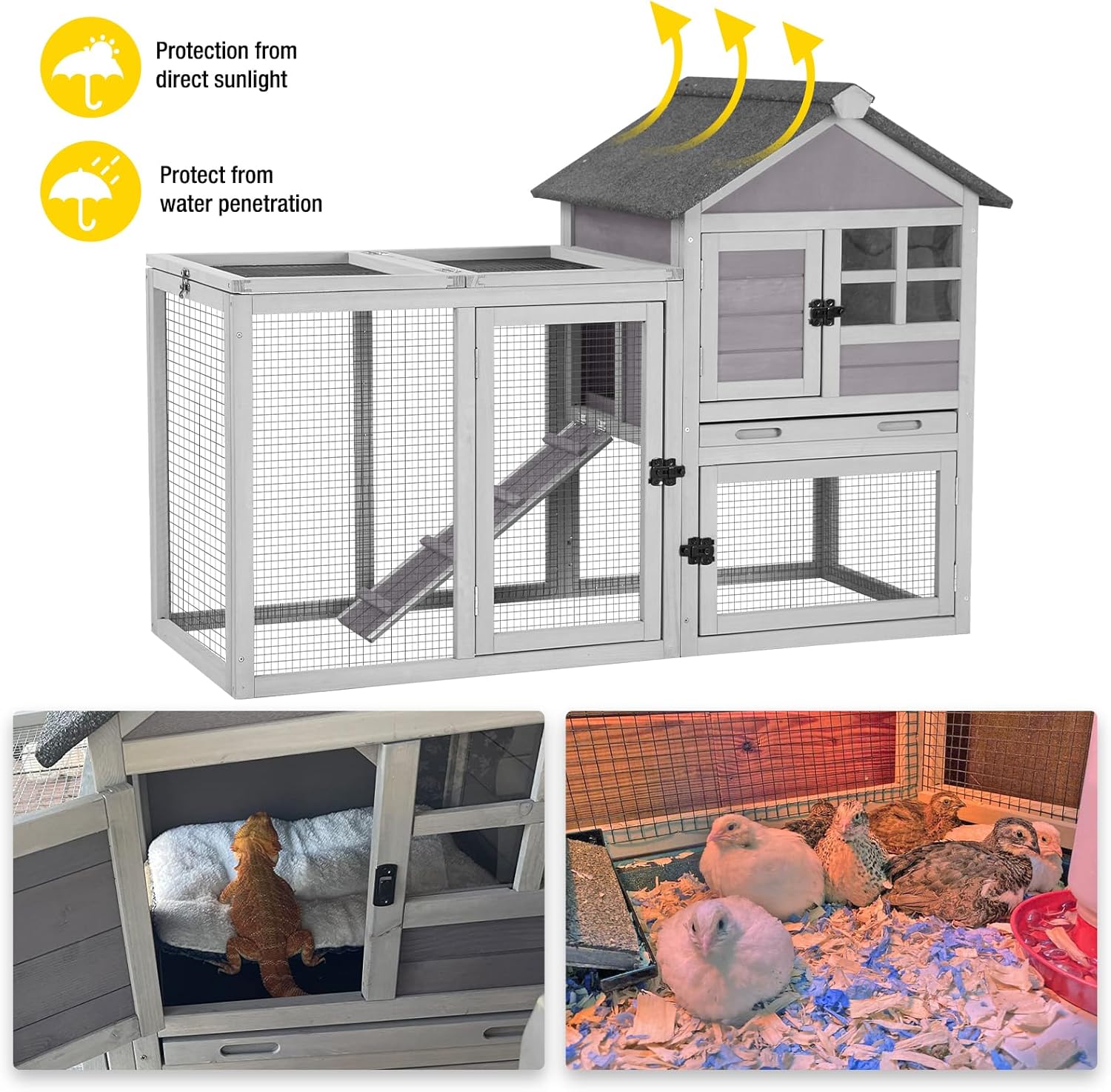 Aivituvin 103.2" L Rabbit Hutch Indoor Outdoor Bunny Cage with Run,Guinea Pig House Pull Out Upper Tray (103.2" L x 25.2" W x 36.2" H, Grey-2 Sets)