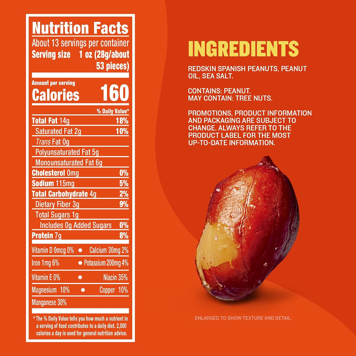 PLANTERS Salted Redskin Spanish Peanuts, Plant Based Protein, 12.5 Oz (6ct) | Roasted Salted Nuts. Crisp texture. Resealable Canister. Snacks for Adults. Party Mix, Party Snacks