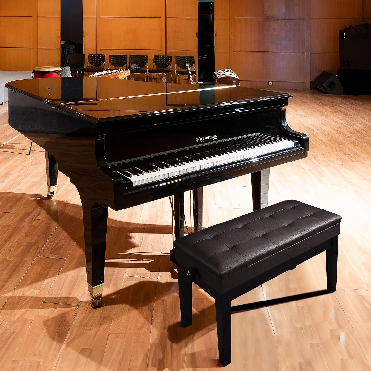 AW Adjustable Piano Bench with Storage Brown Wooden Keyboard Stool Seat | Leather Cushion Paino Chair for Piano Shop Music School Studio Capacity 400lbs