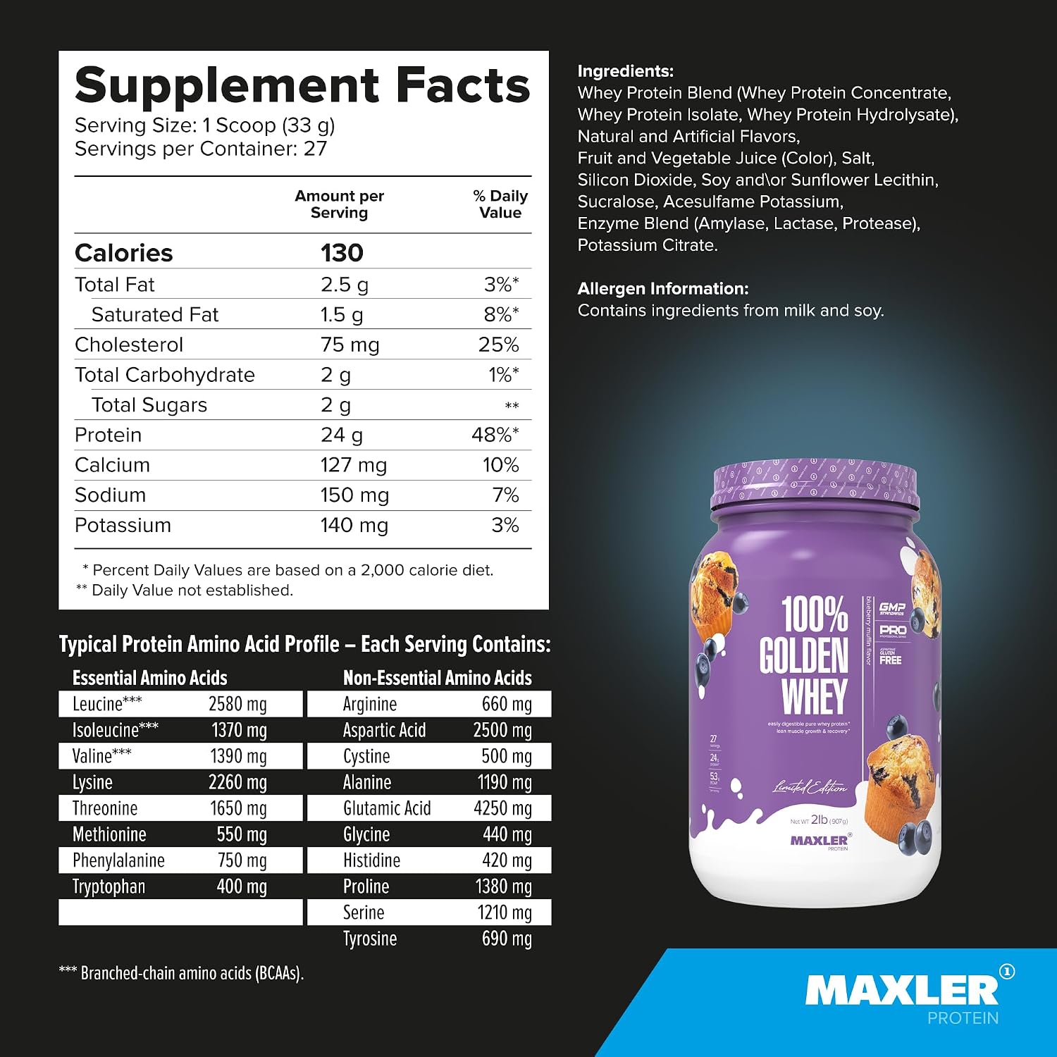 100% Golden Whey Protein - 24g of Protein per Serving - Whey Protein Powder for Pre Post Workout - Fast-Absorbing Whey Concentrate, Isolate & Hydrolysate Blend - Vanilla Ice Cream 2 lb
