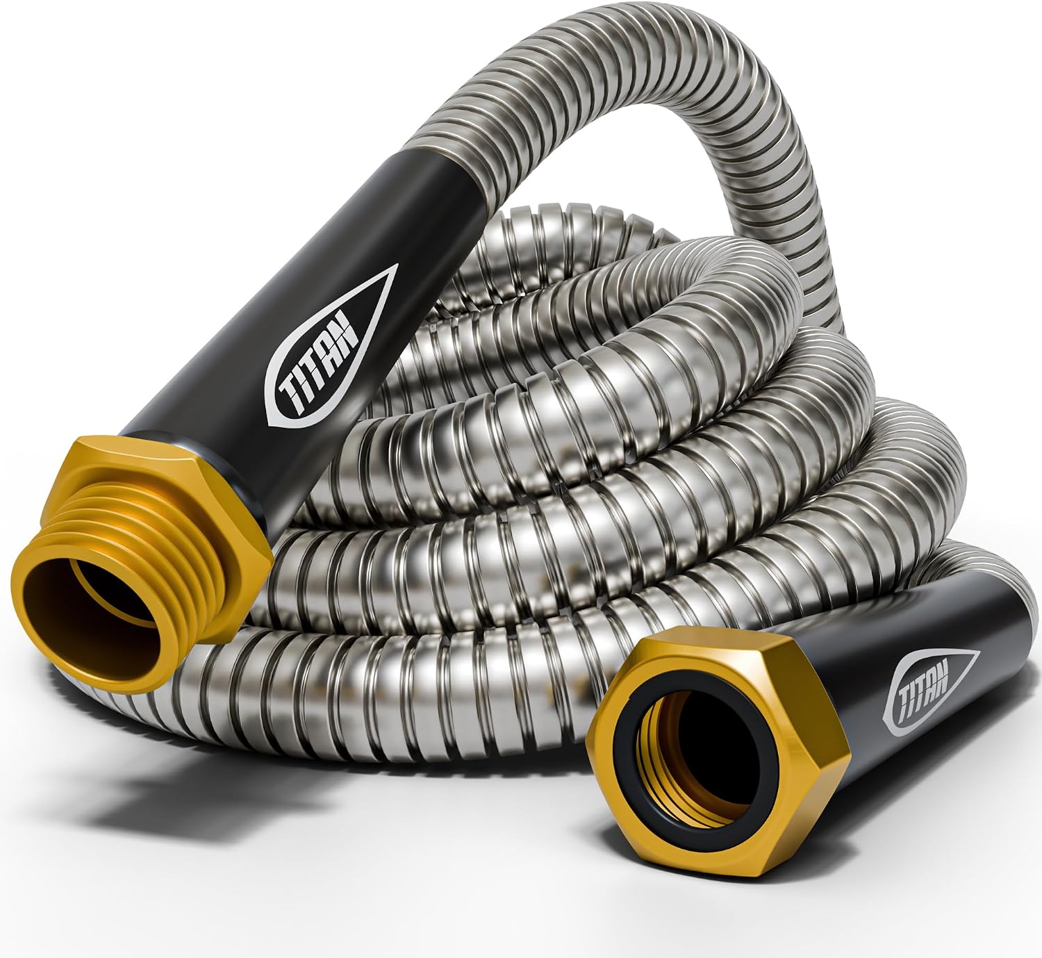 TITAN Garden Hose 100FT - 304 Stainless Steel Metal Water Hose, Flexible, Kink-Free, Lightweight, Durable, Crush Resistant Fittings, Easy to Coil, 500 PSI
