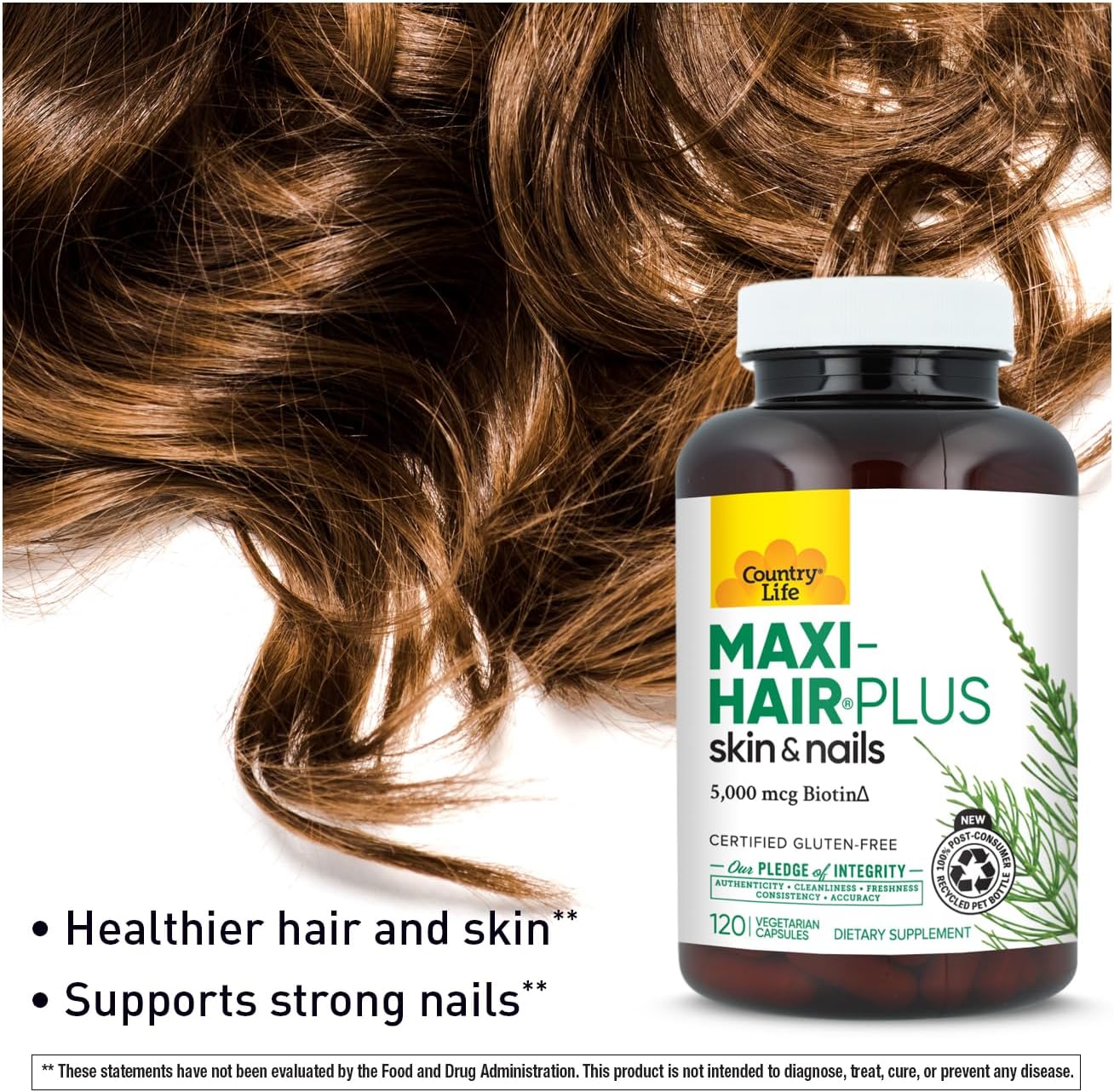 Country Life Maxi-Hair Plus 5,000 mcg Biotin, 120 Capsules | 1,200 mg Maxi Blend with MSM, L-methionine, L-cysteine and horsetail extract; 30 servings