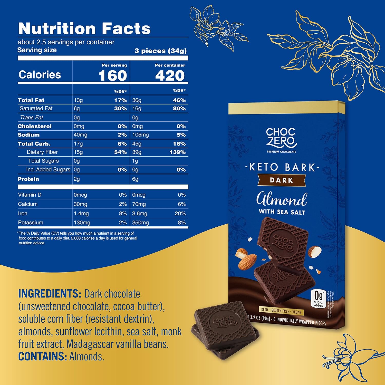 ChocZero 70% Cocoa Sugar Free Dark Chocolate Squares, Vegan, 4 Pack | No Sugar Alcohols, Keto, Low Carb, High Fiber, Gluten Free, 32 Total Candy Squares