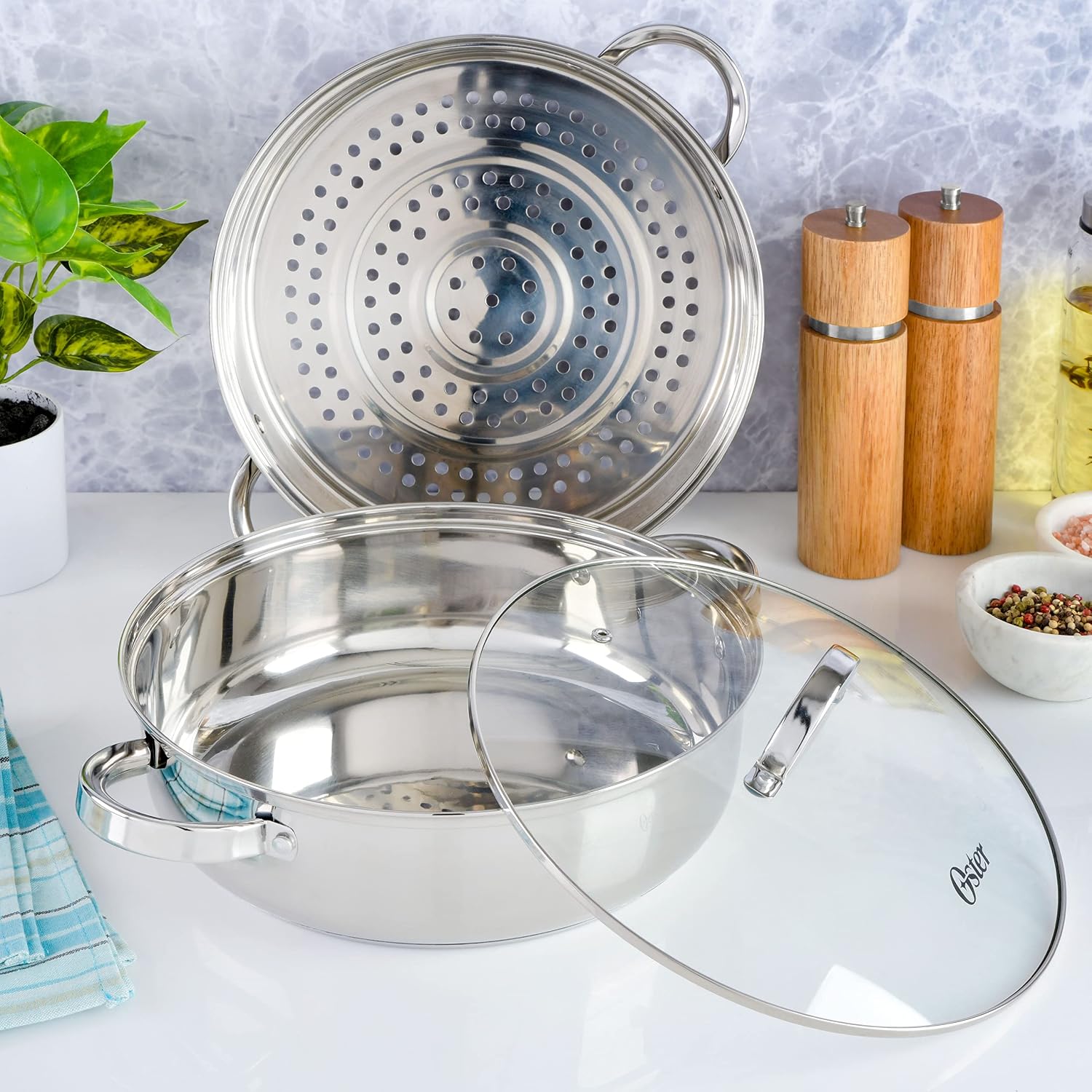Oster Dutch Oven with Steamer Basket 3-Quart - Sangerfield Stainless Steel, Stovetop Steamer for Vegetables, Rice & Tamales, Dishwasher Safe