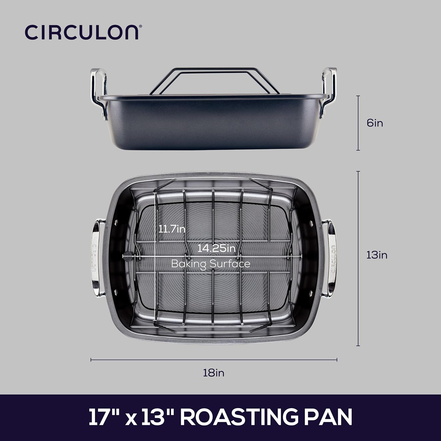 Circulon Total Bakeware Nonstick Roaster, Roasting Pan with Rack, 17-Inch x 13-Inch, Gray
