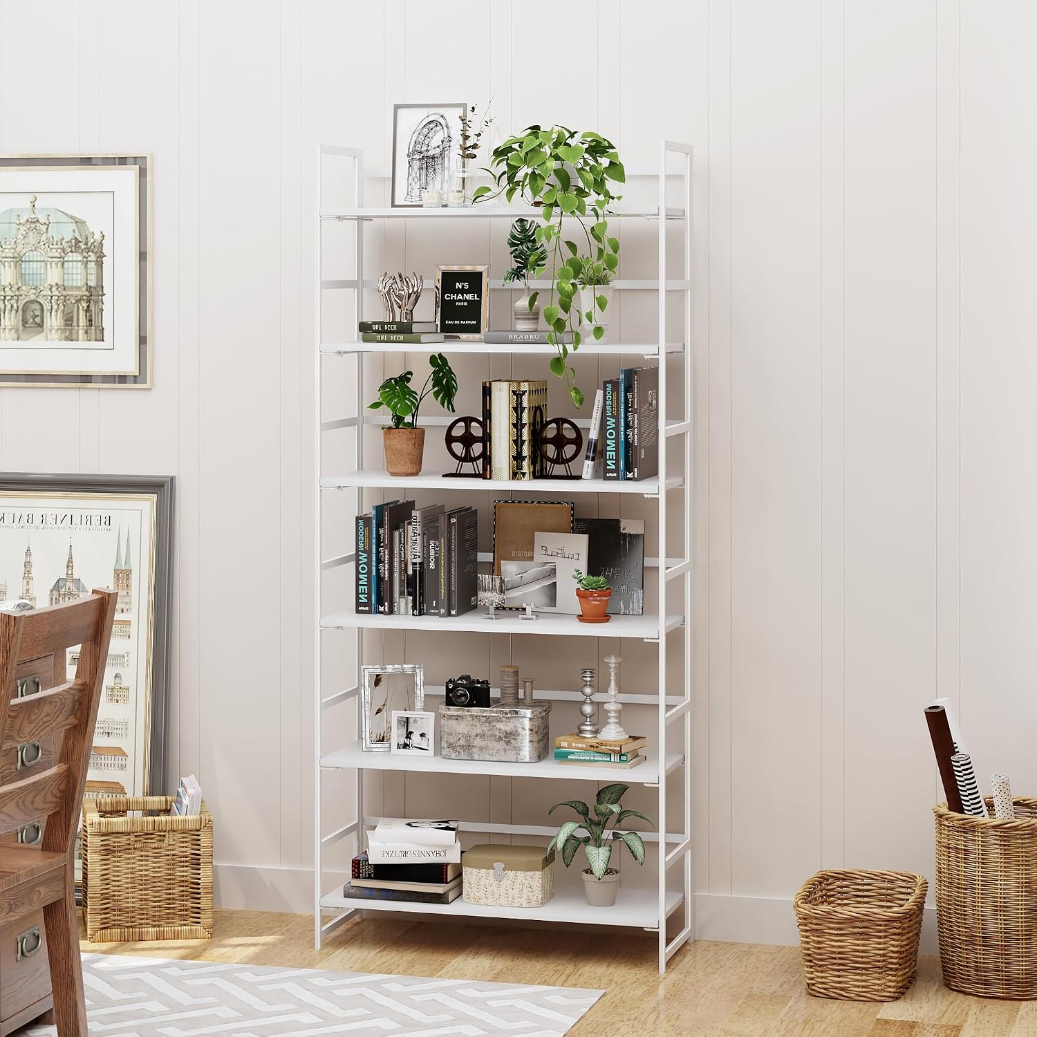 Vintage Multifunctional Folding Bookshelf, No-Assembly Plant Stand Storage Rack Shelves for Home Office (Fire, 5-Tier)
