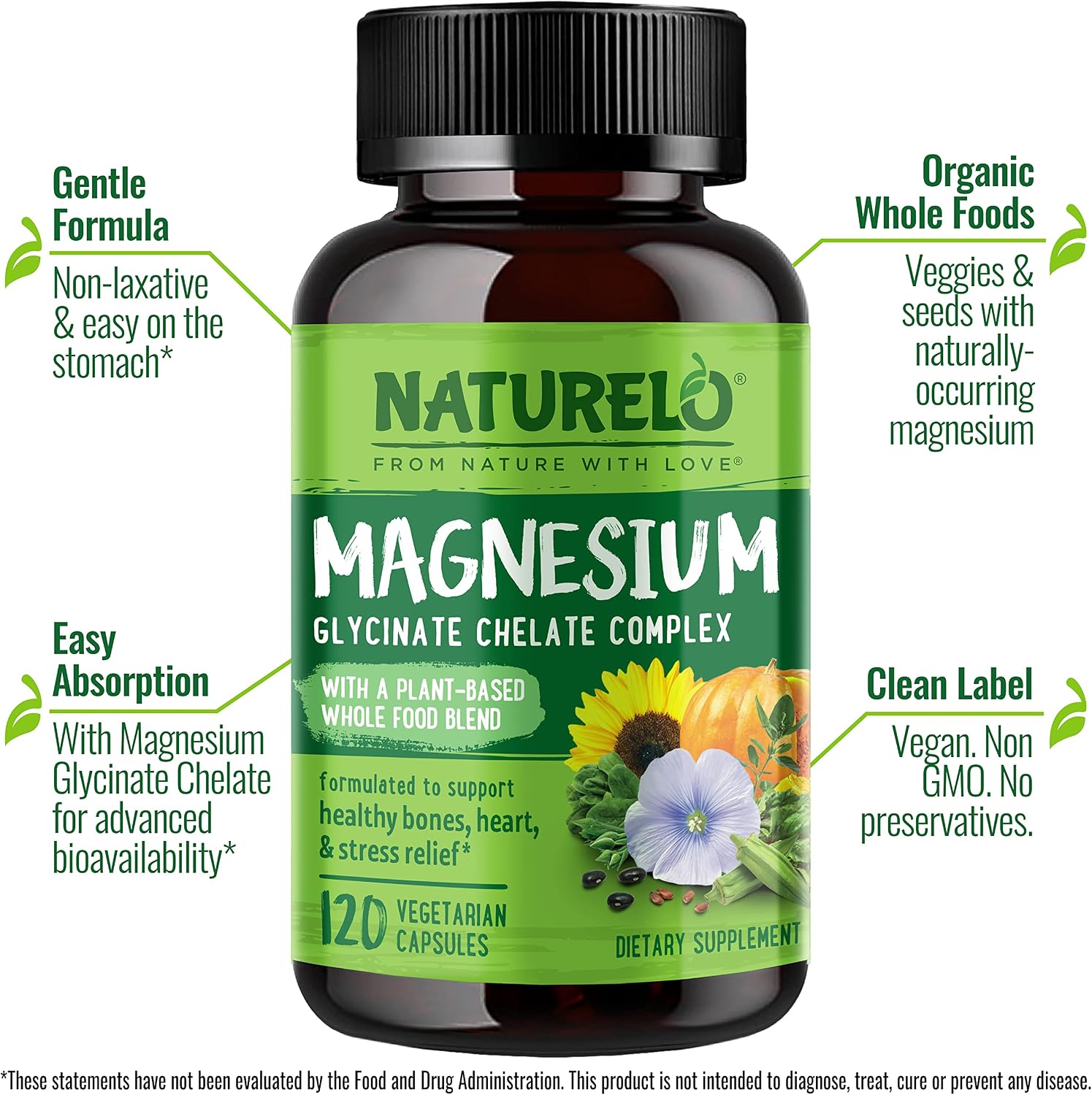 NATURELO Magnesium Glycinate Chelate Complex - 200 mg Magnesium, 120 Count | Support Sleep, Calm, Muscle Cramp & Stress Relief, Gluten Free, Non GMO, with Organic Vegetables