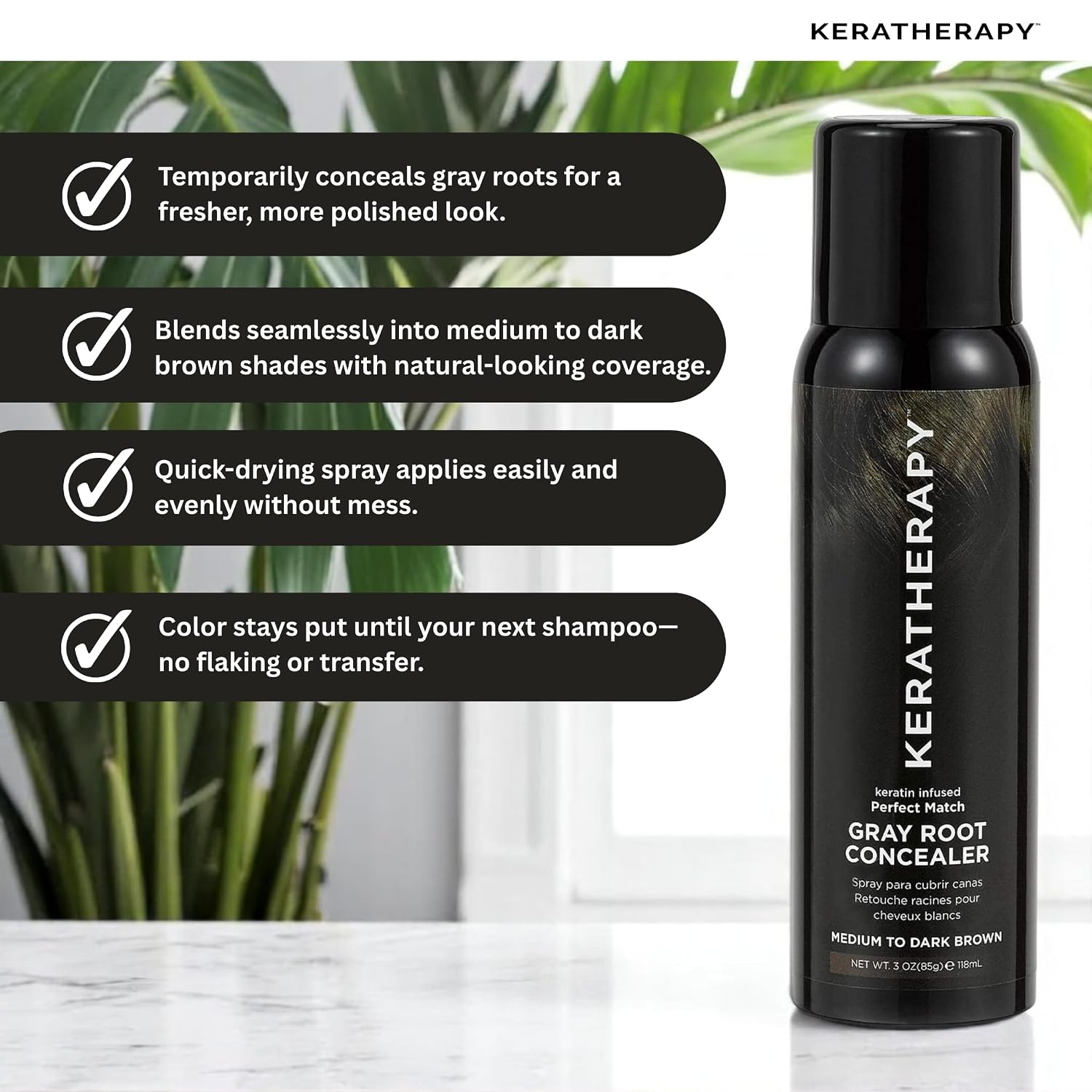 Keratherapy Keratin Infused Perfect Match Gray Root Concealer Spray, Dark Brown, 3 oz