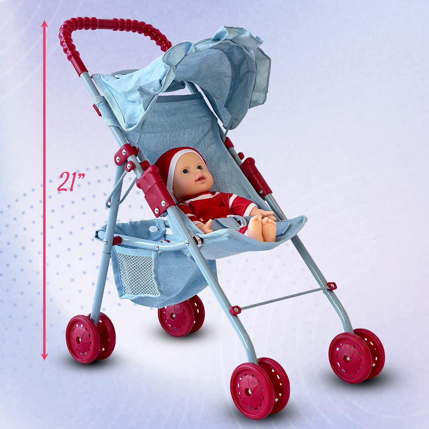 The New York Doll Collection My First Doll Stroller with Basket & Heart Design Foldable Doll Stroller, Pink