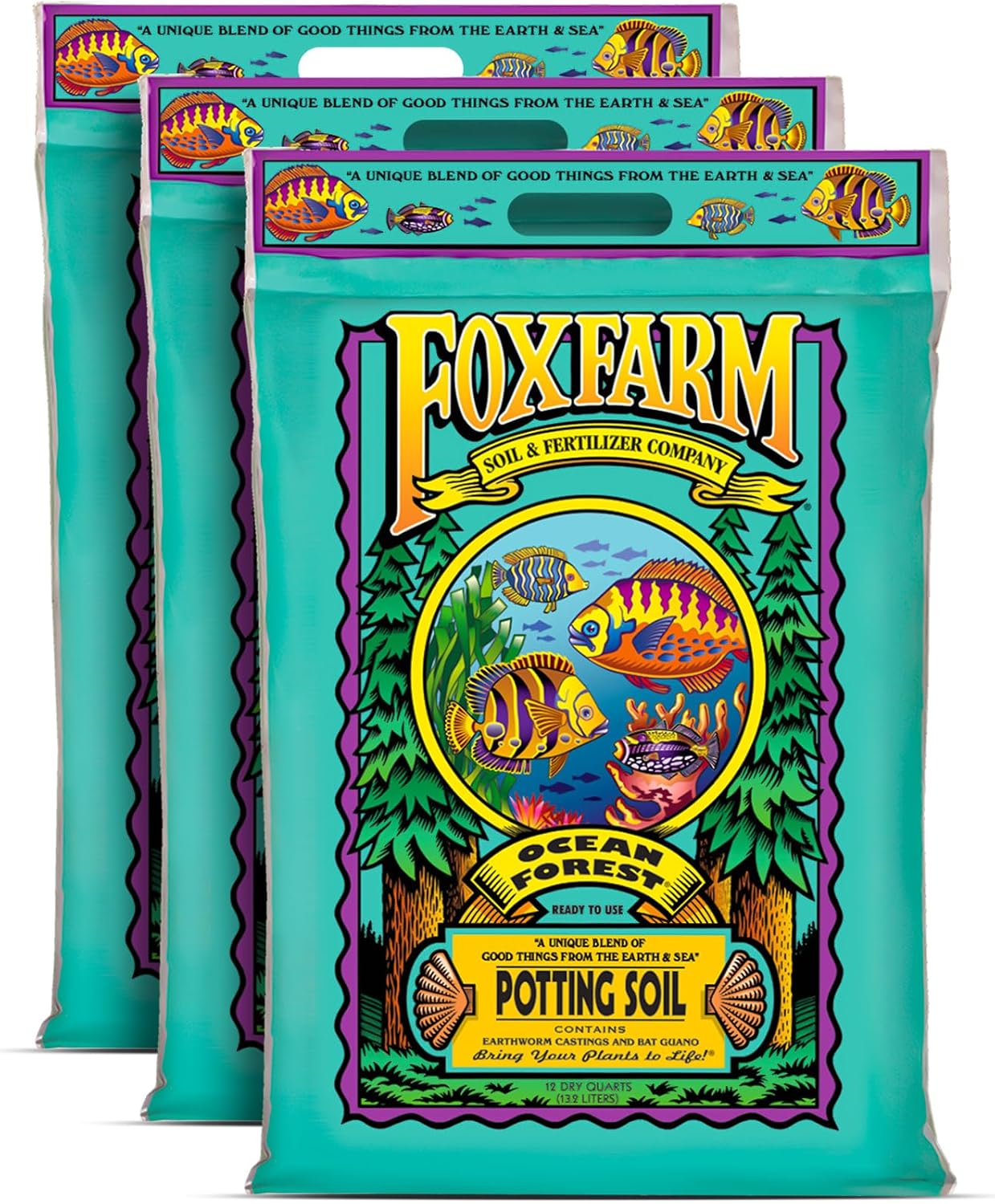 FoxFarm Ocean Forest Potting Soil for Container Gardens - Light, Aerated Texture with Fish Meal, Crab Meal, Earthworm Castings - Houseplant Potting Mix for Seedlings & Plant Starts - 4 x 12 Quart