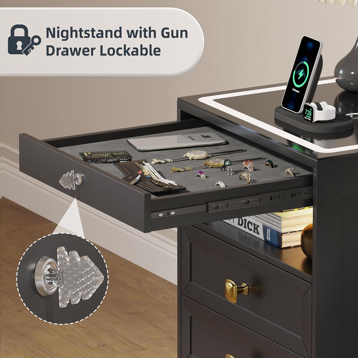 Lvifur LED Nightstand with Lockable Gun Drawer and Human Sensor, Black | USB & Type-C Charging Station, 3 Dimmable Lights, Adjustable Brightness, 3 Drawers, Farmhouse Style, Human Body Induction