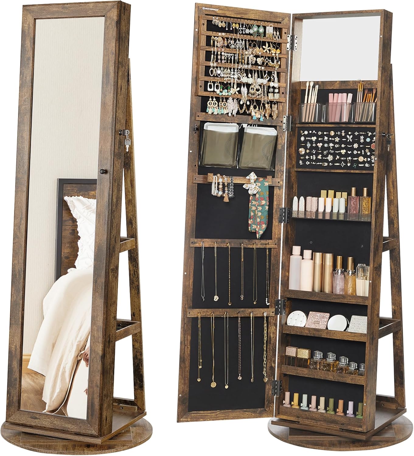 SONGMICS 360° Swivel Jewelry Cabinet, Full-Length Mirror, Lockable