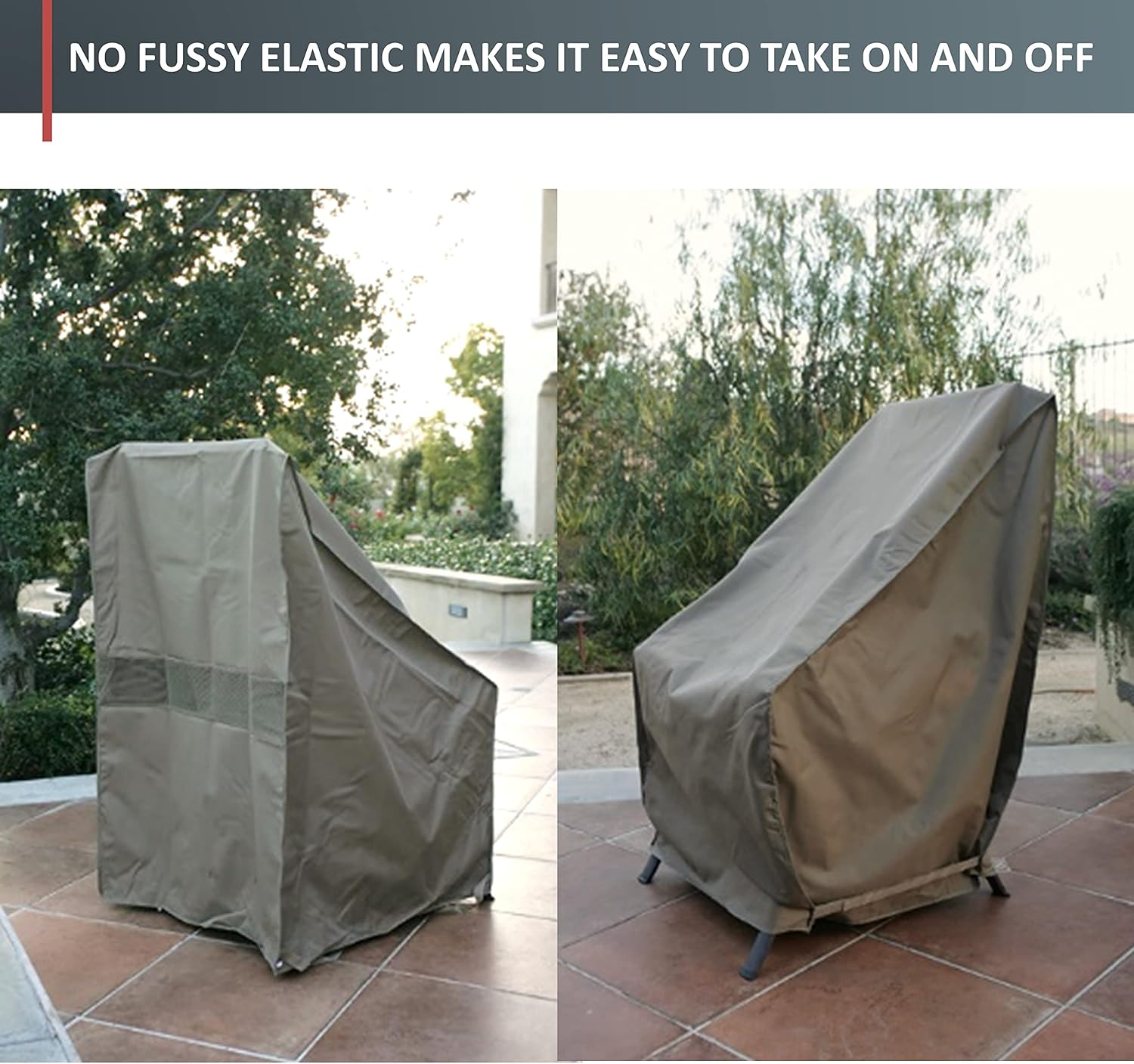 Formosa Covers | Outdoor Patio High Back, Rocking, Swivel Chair Cover Stackable Dining Seat Protection Secure Fastener Strips | 27" W x 30" D x 42" H (Taupe)